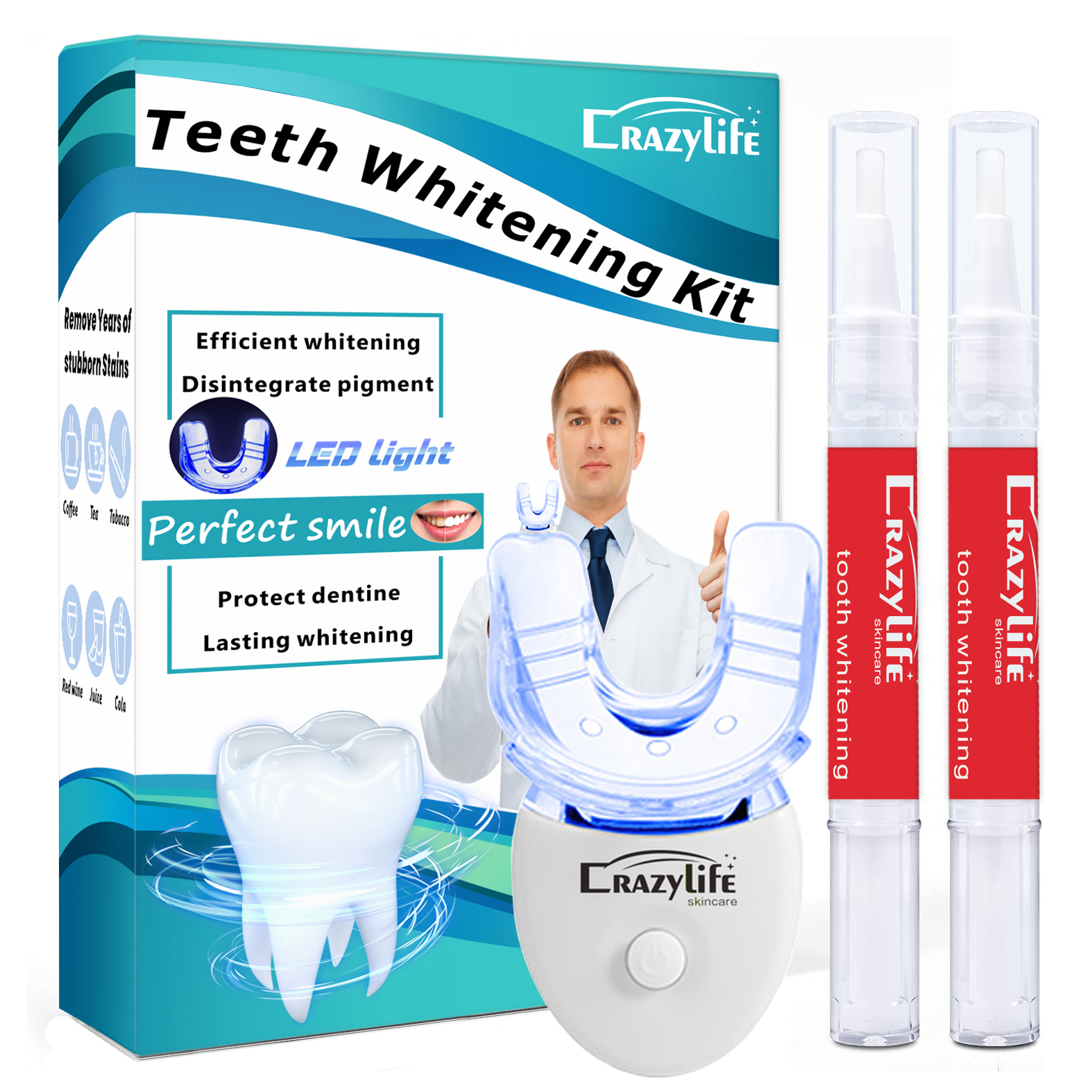 Crazylife Teeth whitening package, teeth whitening device, teeth whitening solution
