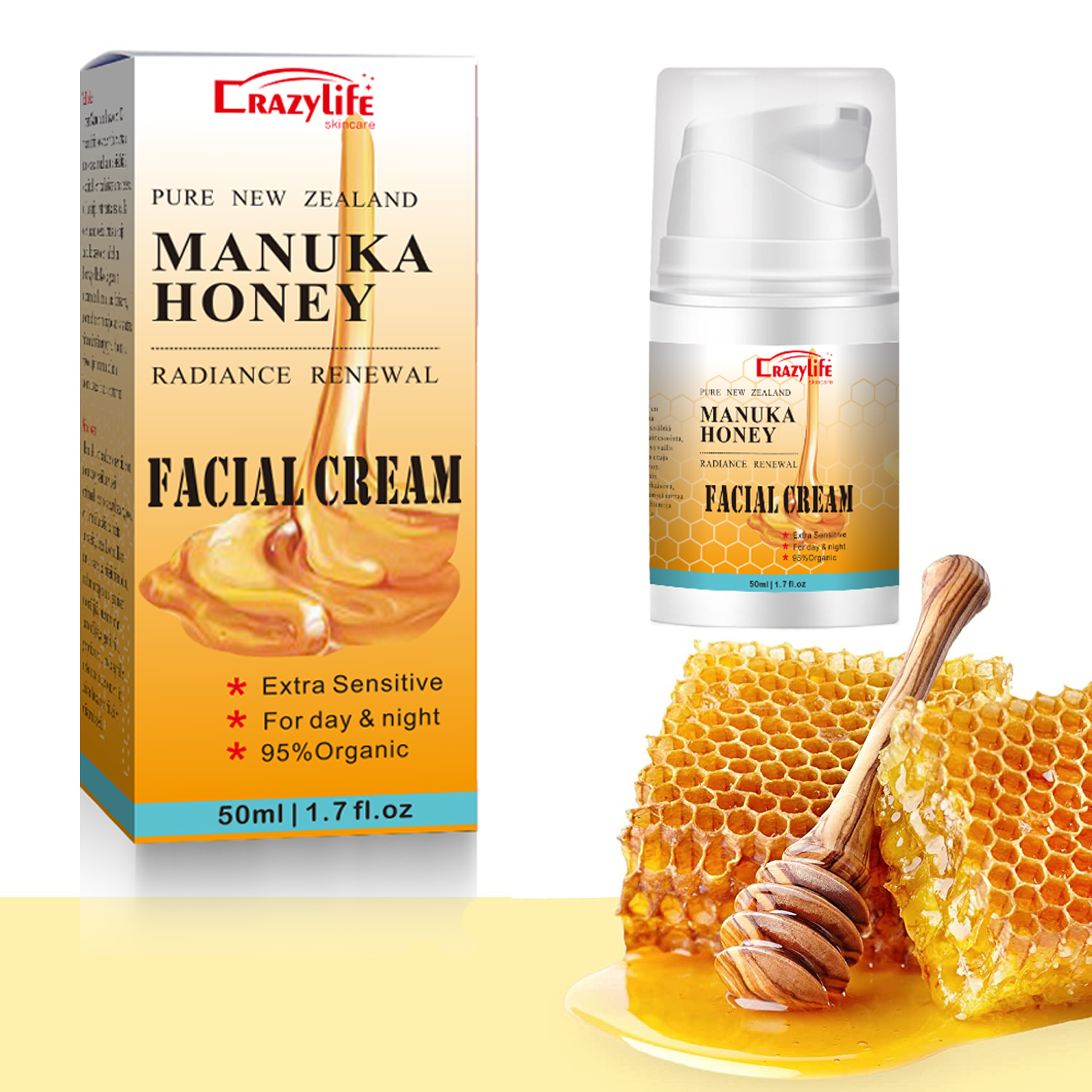 Crazylife Honey Facial Cream 50ml - Quickly Absorbs, Prevents Dryness and Cares for Your Skin