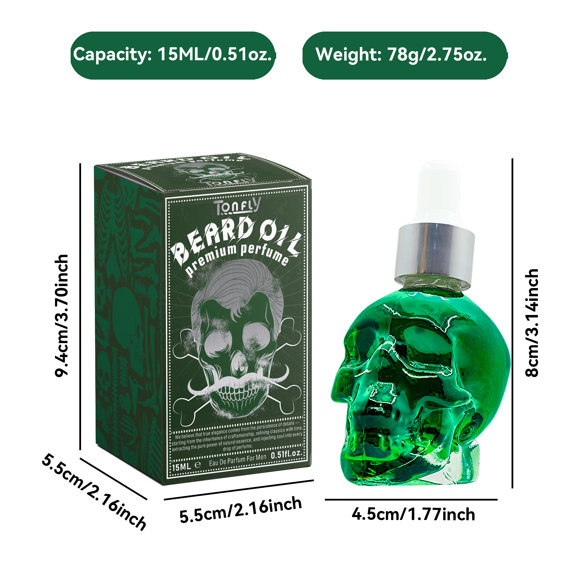 TONFLY Men's After-Shave Care Essential Oil - Green Skull Head Series Beard Oil Perfume 15ML