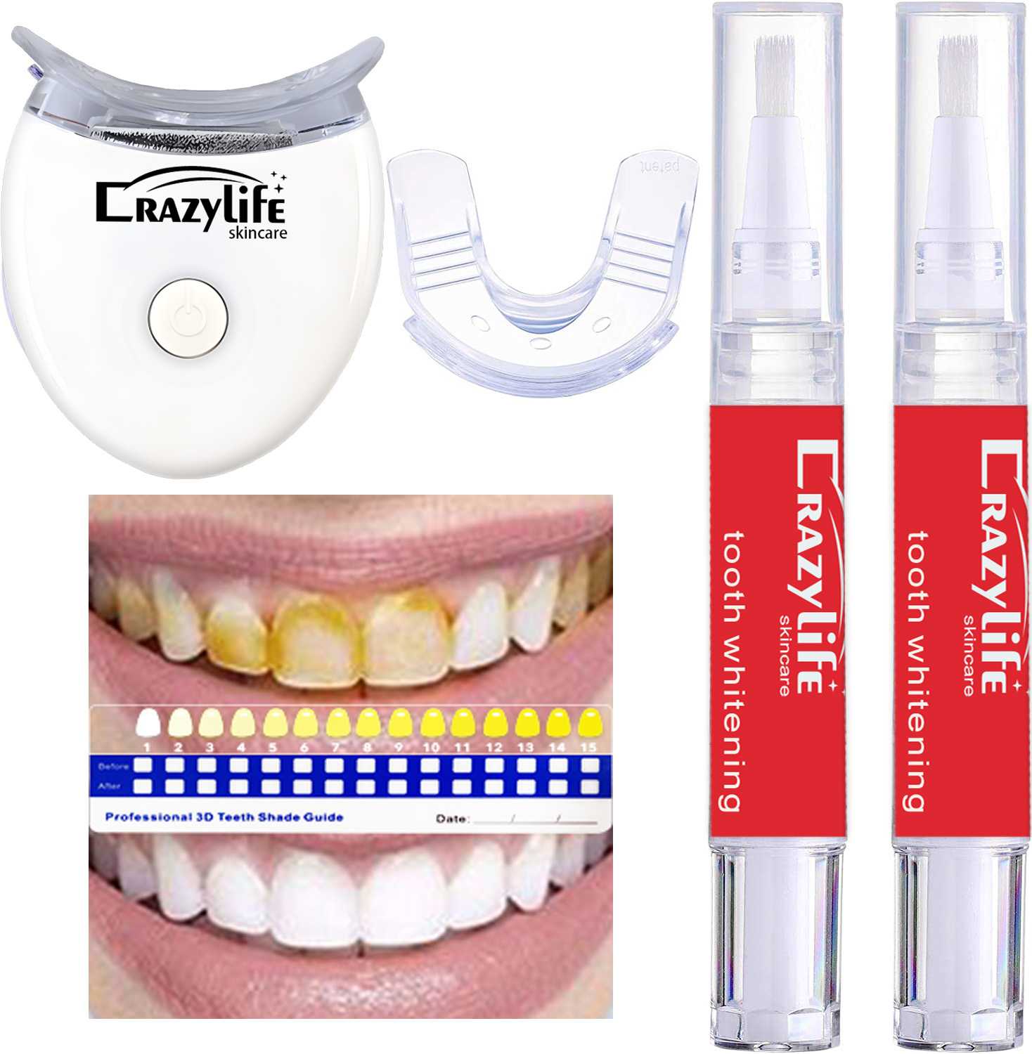 Crazylife Teeth whitening package, teeth whitening device, teeth whitening solution
