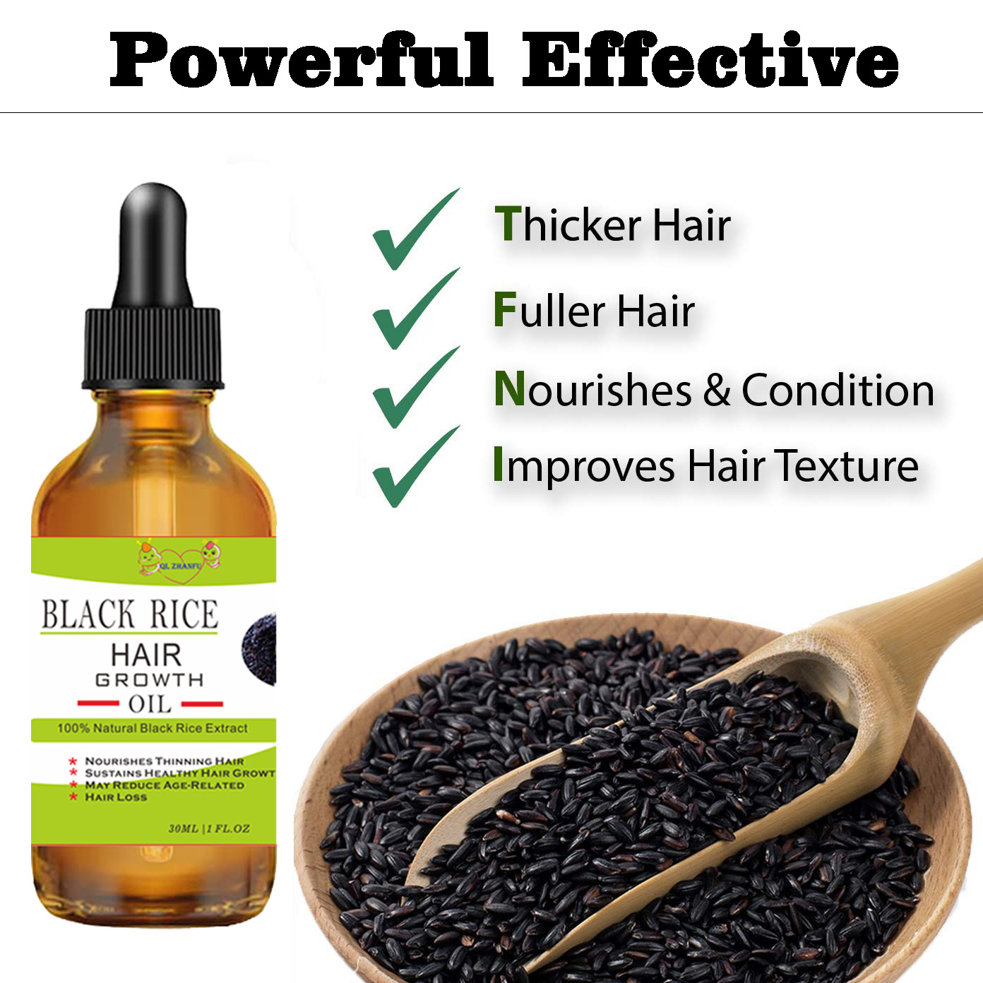 Hair Growth Serum Black Rice Rosemary for Hair Loss Treatment Bald Head Hair Regrowth Black Sesame Seeds Essence 30ml