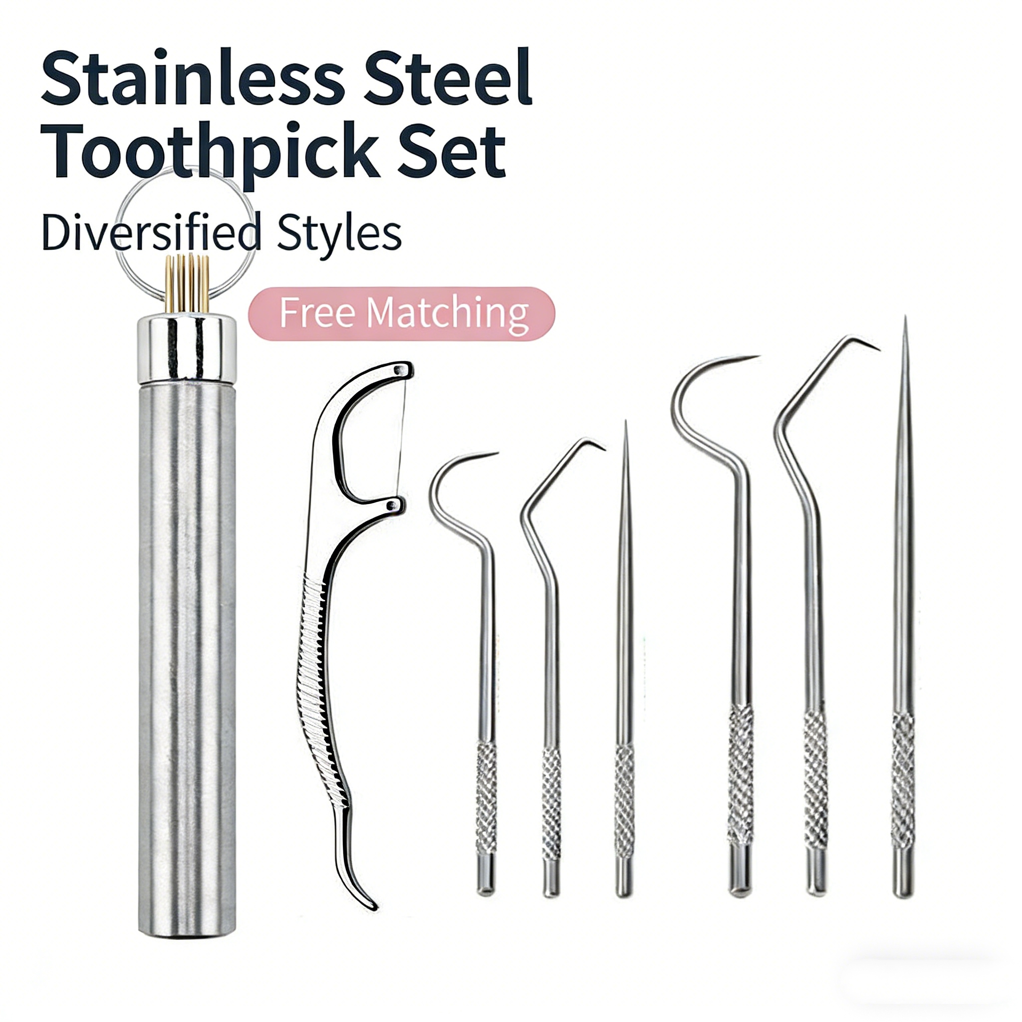 Stainless steel toothpick set - Portable storage tube - Dental care metal toothpick - Oral teeth cleaning tool