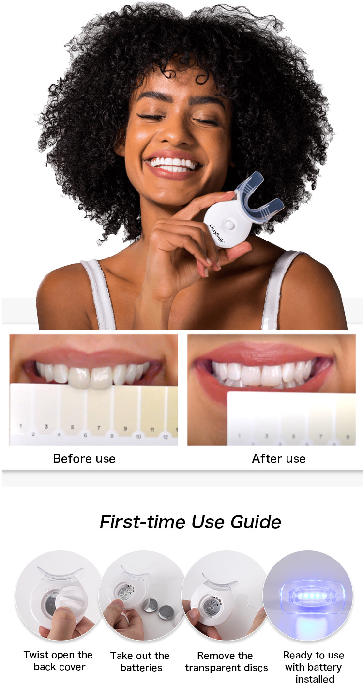 Teeth whitening device, teeth whitening kit, teeth whitening special gel, gum care product, household toothbrush