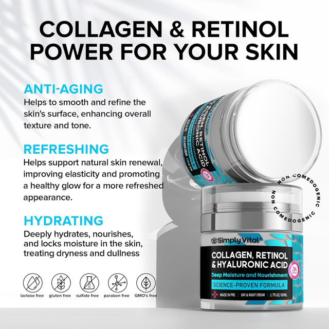 Anti-wrinkle cream with collagen, retinol and hyaluronic acid. Moisturizing facial cream for reducing neck wrinkles.