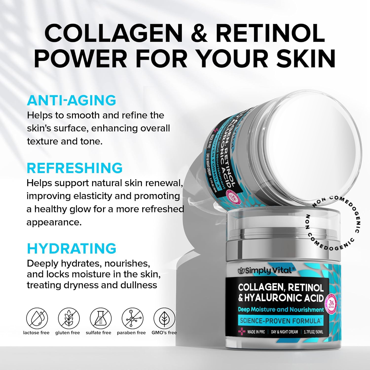 Anti-wrinkle cream with collagen, retinol and hyaluronic acid. Moisturizing facial cream for reducing neck wrinkles.