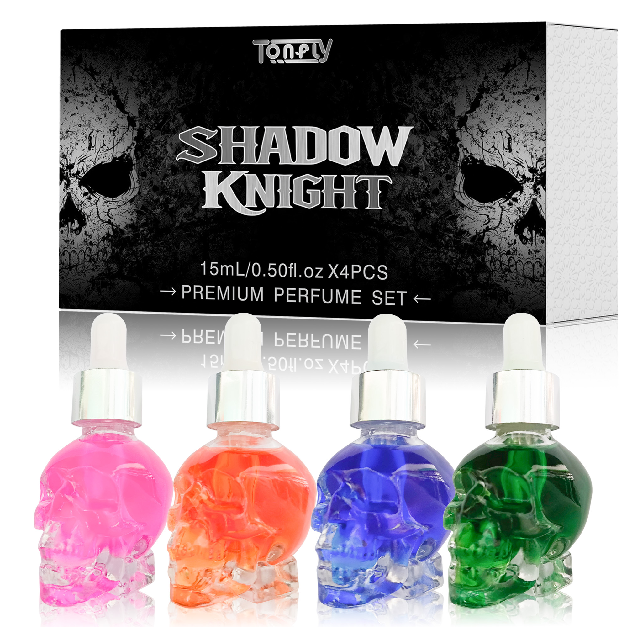 Tonfly Luxury Crystal Skull Perfume OIL Set – 4pcs 15ml, Fruity Floral, Long-Lasting Fragrance OIL
