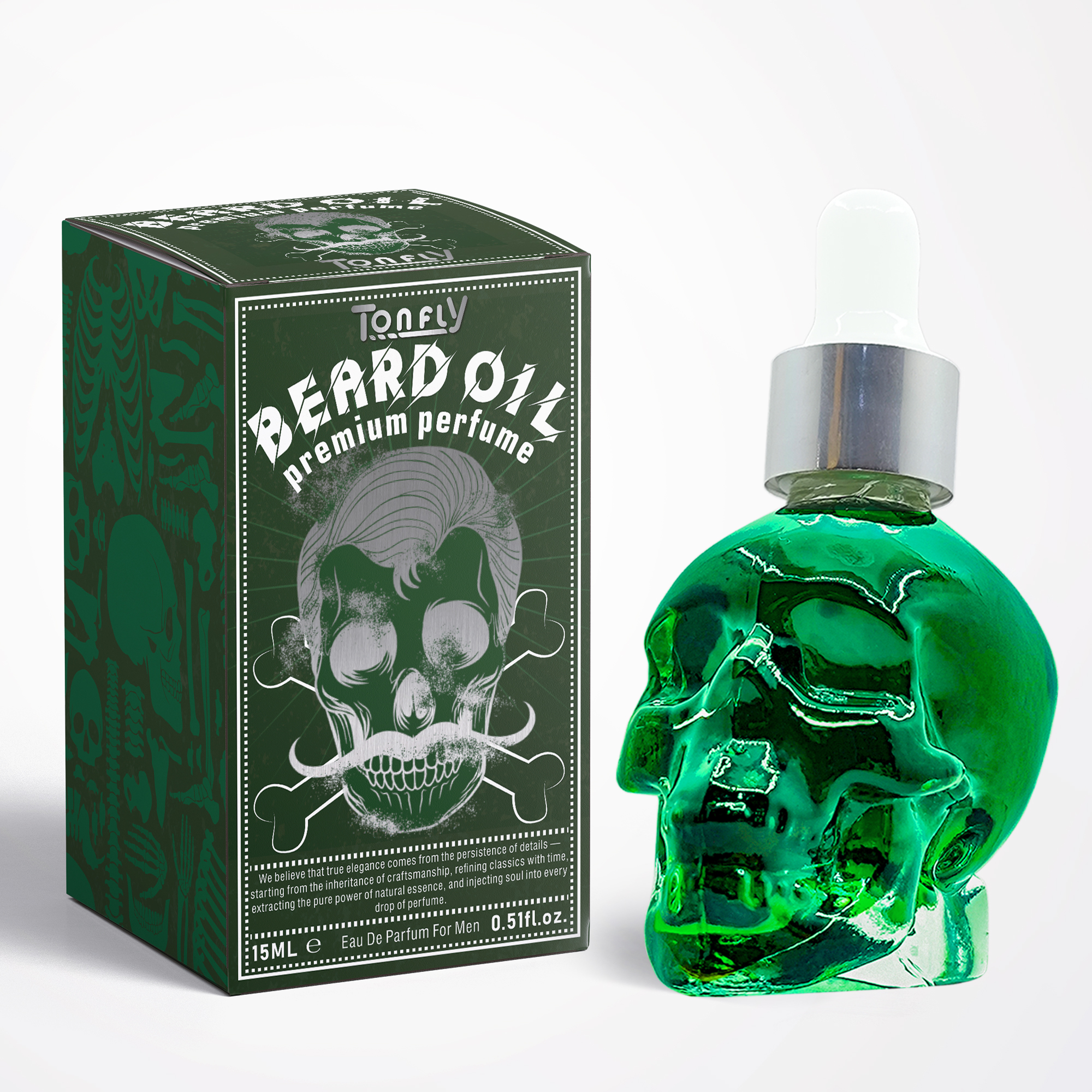TONFLY Men's After-Shave Care Essential Oil - Green Skull Head Series Beard Oil Perfume 15ML