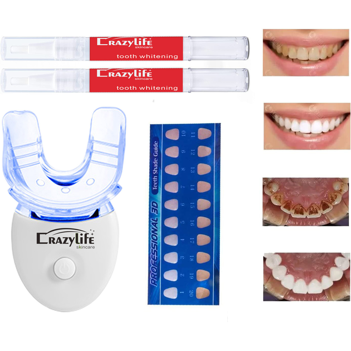 Crazylife Teeth whitening package, teeth whitening device, teeth whitening solution