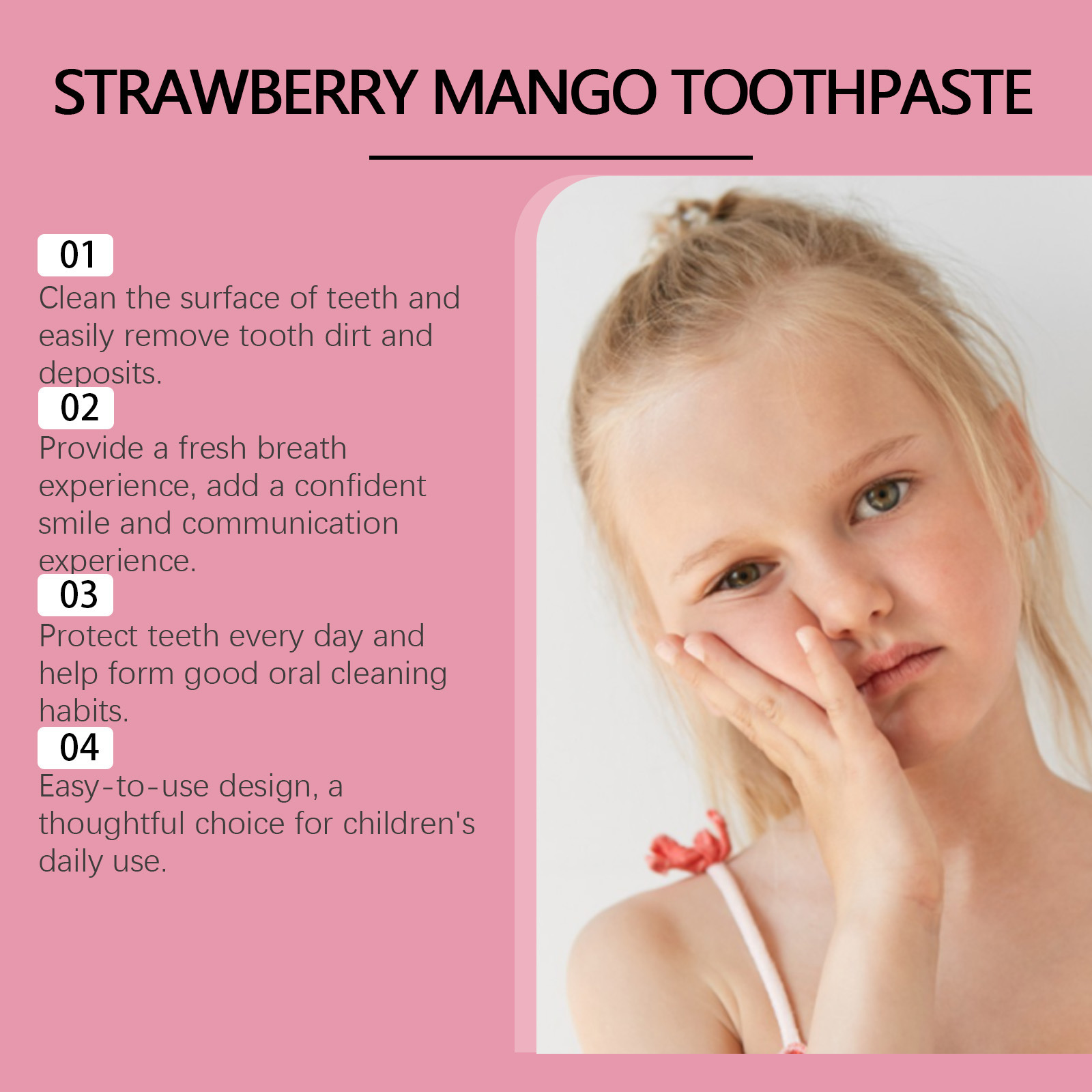 Children's toothpaste for cleaning teeth, preventing cavities, being gentle and refreshing, protecting teeth, with a fruity flavor to clean teeth.
